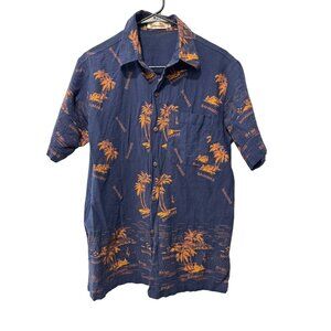 Shoreline Nassau Bahamas Navy Tropical Island Short Sleeve Button Shirt Slim M